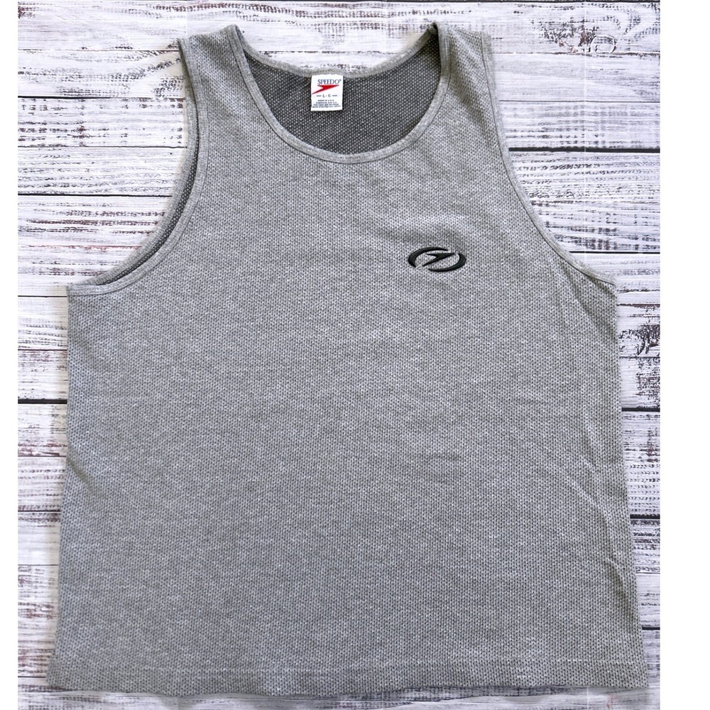 Speedo Vintage Mens Grey Honeycomb Mesh Tank Top Made in USA Large L-G Logo